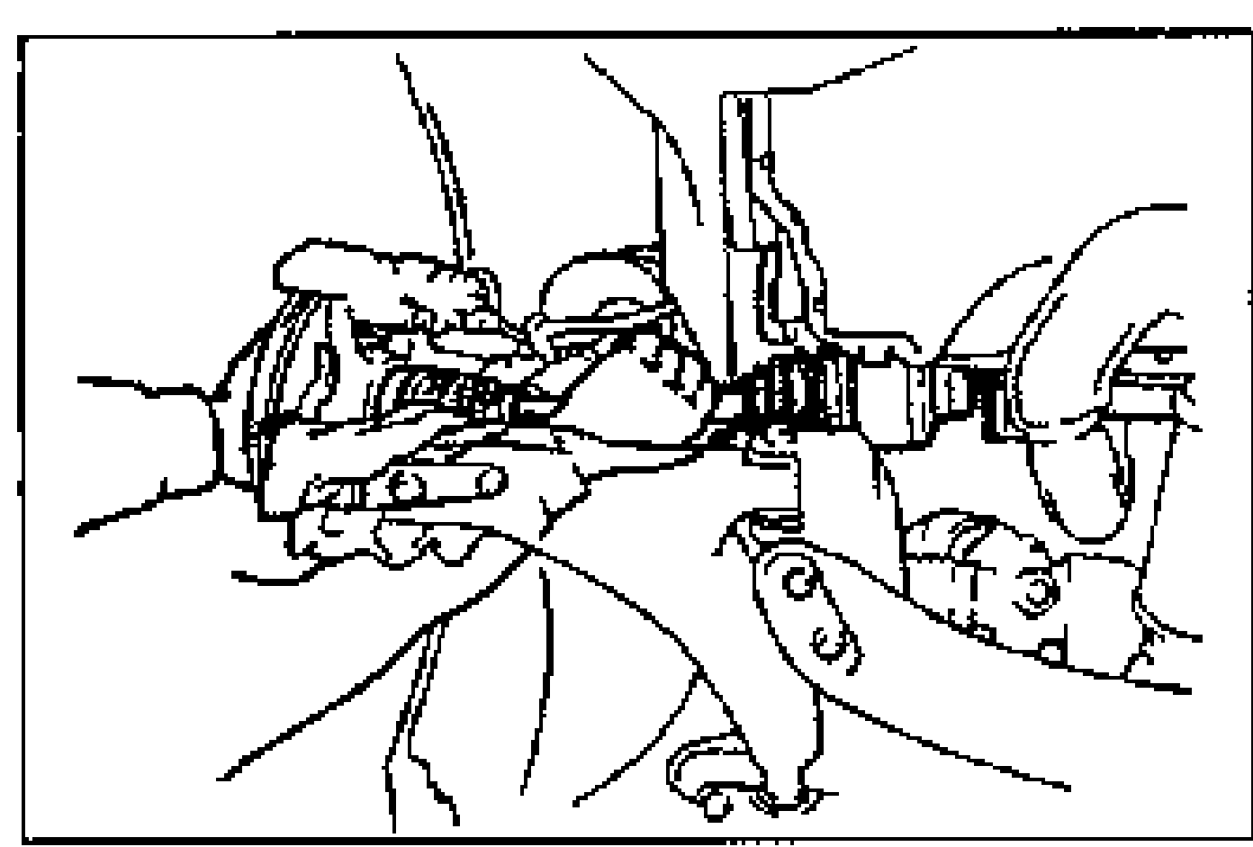 Line drawing of a hand pulling the front hub outward to confirm the drive shaft is securely held by the clip after installation.
