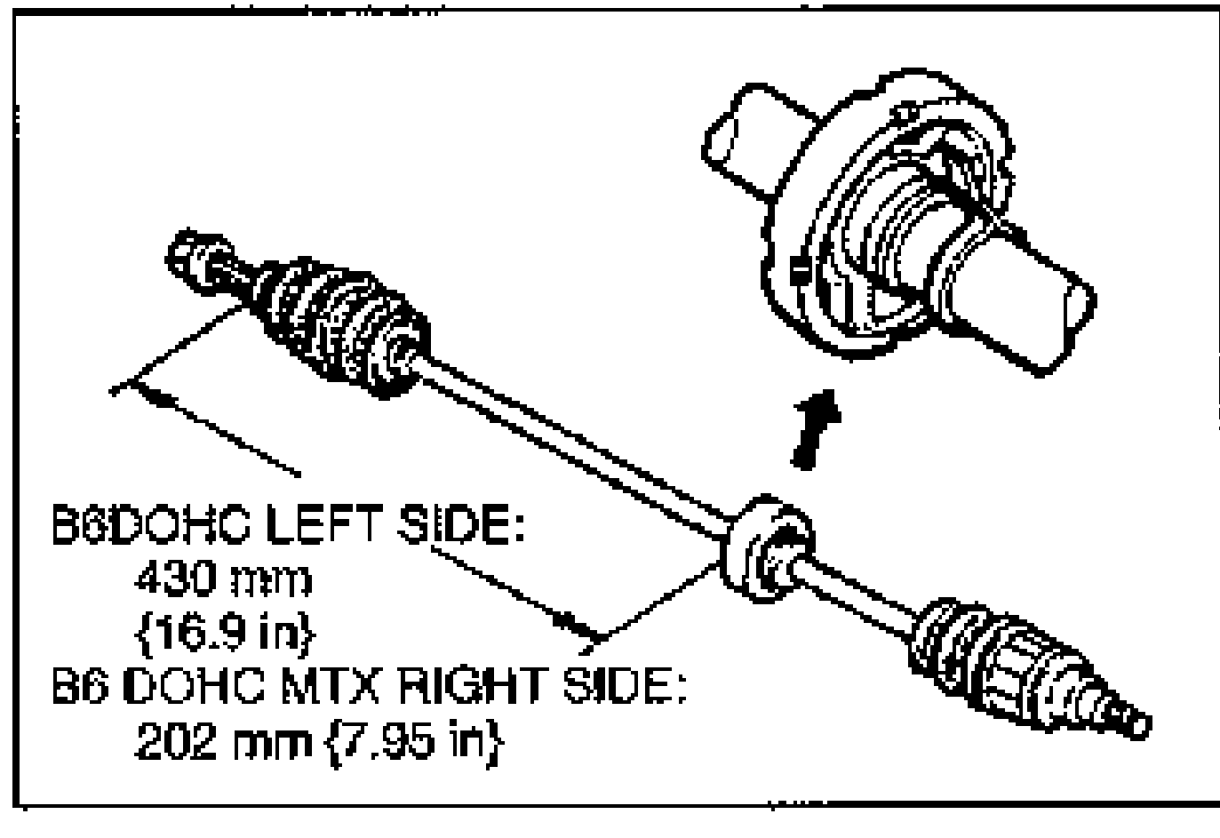 Line drawing showing dynamic damper positioning on the drive shaft with dimensions: B6 DOHC LEFT SIDE 430 mm (16.9 in) and B6 DOHC MTX RIGHT SIDE 202 mm (7.95 in). An arrow indicates the damper position.