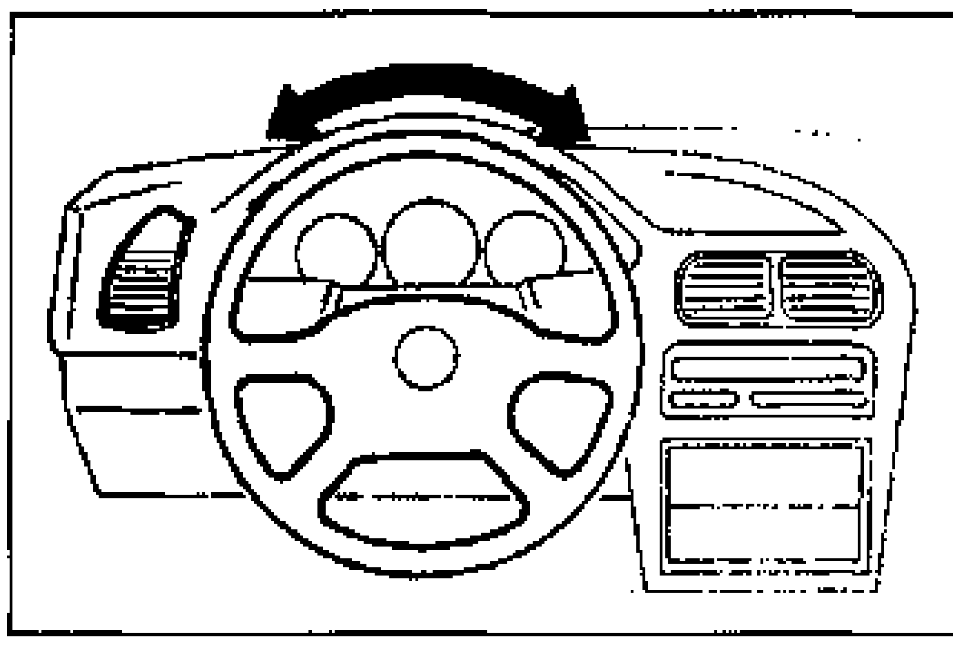 Front view of the steering wheel and dashboard with a curved double-headed arrow over the top of the wheel indicating turning the steering wheel fully to the left and right. Illustrates the air-bleeding procedure.