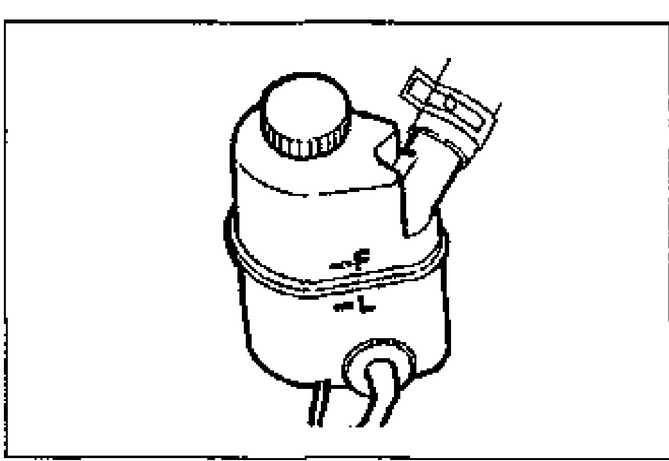 Power steering fluid reservoir (oil tank) with cap, showing the 'F' (Full) upper mark and 'L' (Low) lower mark on the side of the reservoir for checking fluid level. Two return hoses exit the bottom.