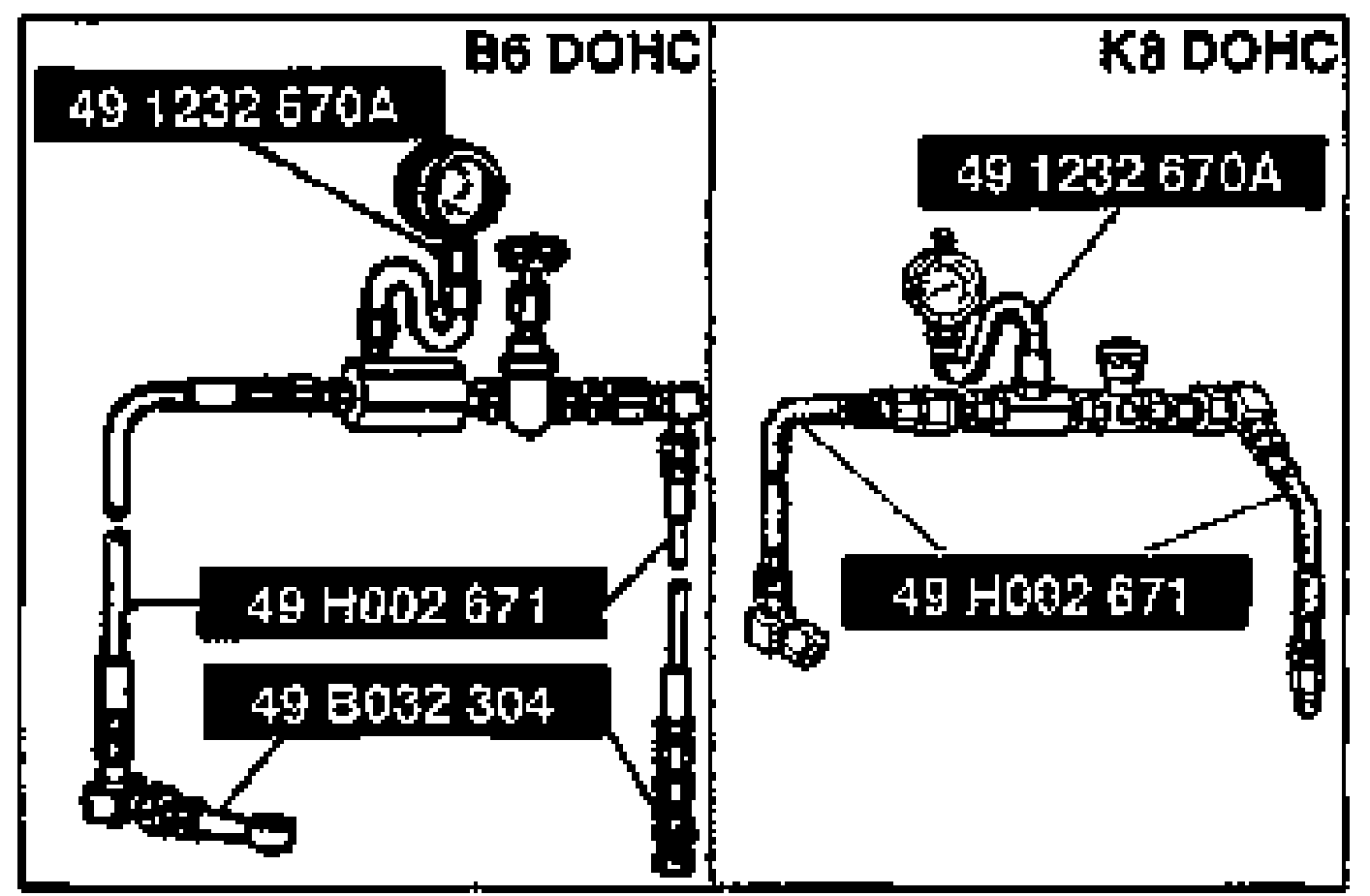 Two side-by-side SST hookup schematics for measuring fluid pressure. Left labelled 'B6 DOHC' shows gauge set 49 1232 670A, adapter 49 H002 671 and adapter 49 B032 304 plumbed inline. Right labelled 'K8 DOHC' shows gauge set 49 1232 670A and adapter 49 H002 671.