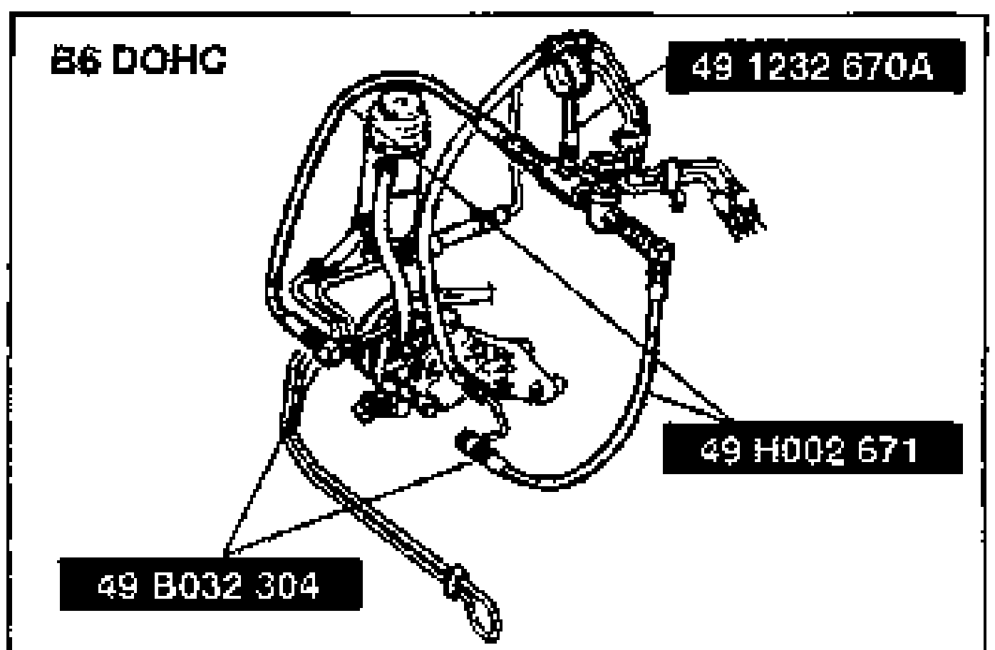 B6 DOHC installation view showing the SSTs fitted onto the power steering oil pump/pressure hose: gauge set 49 1232 670A, adapter 49 H002 671 and adapter 49 B032 304 connected at the pump side.