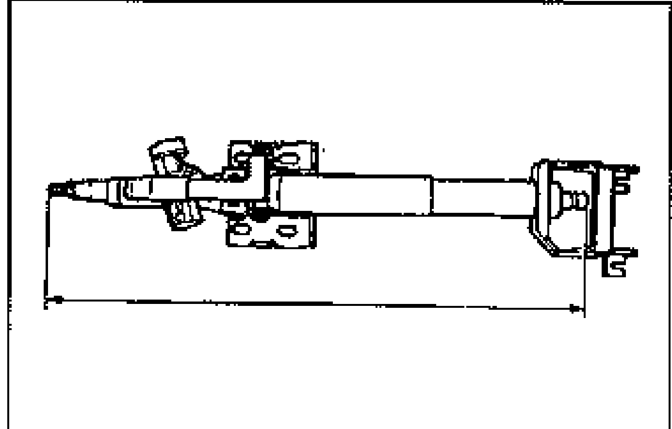 Side view line drawing of the full steering shaft assembly with a dimension arrow indicating the overall measured length of the shaft.