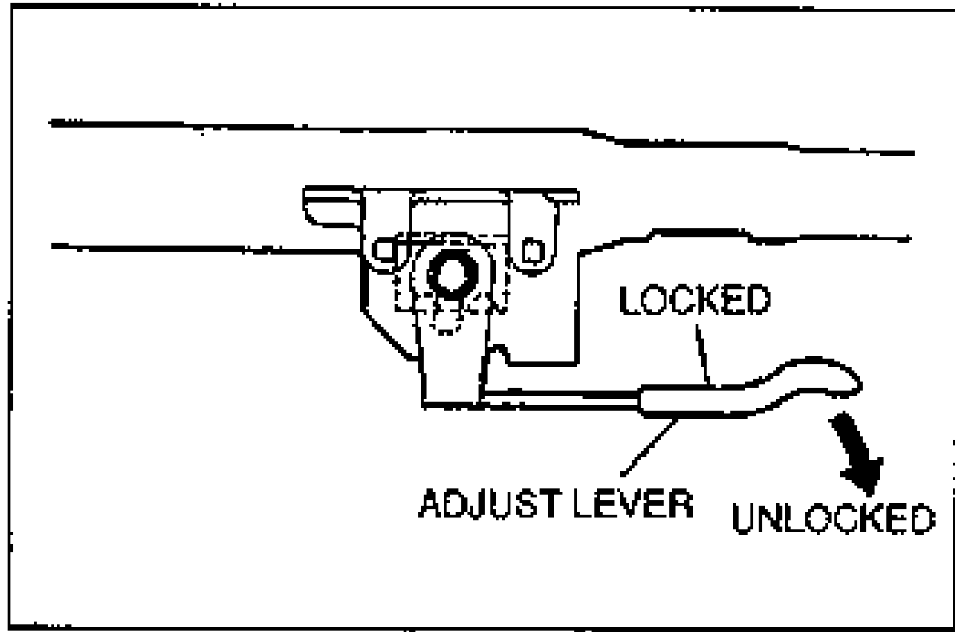Detail drawing of the tilt mechanism adjust lever. Labels show LOCKED at the upper position and UNLOCKED at the lower position, with a curved arrow indicating the lever movement direction. Text label 'ADJUST LEVER' points to the lever.
