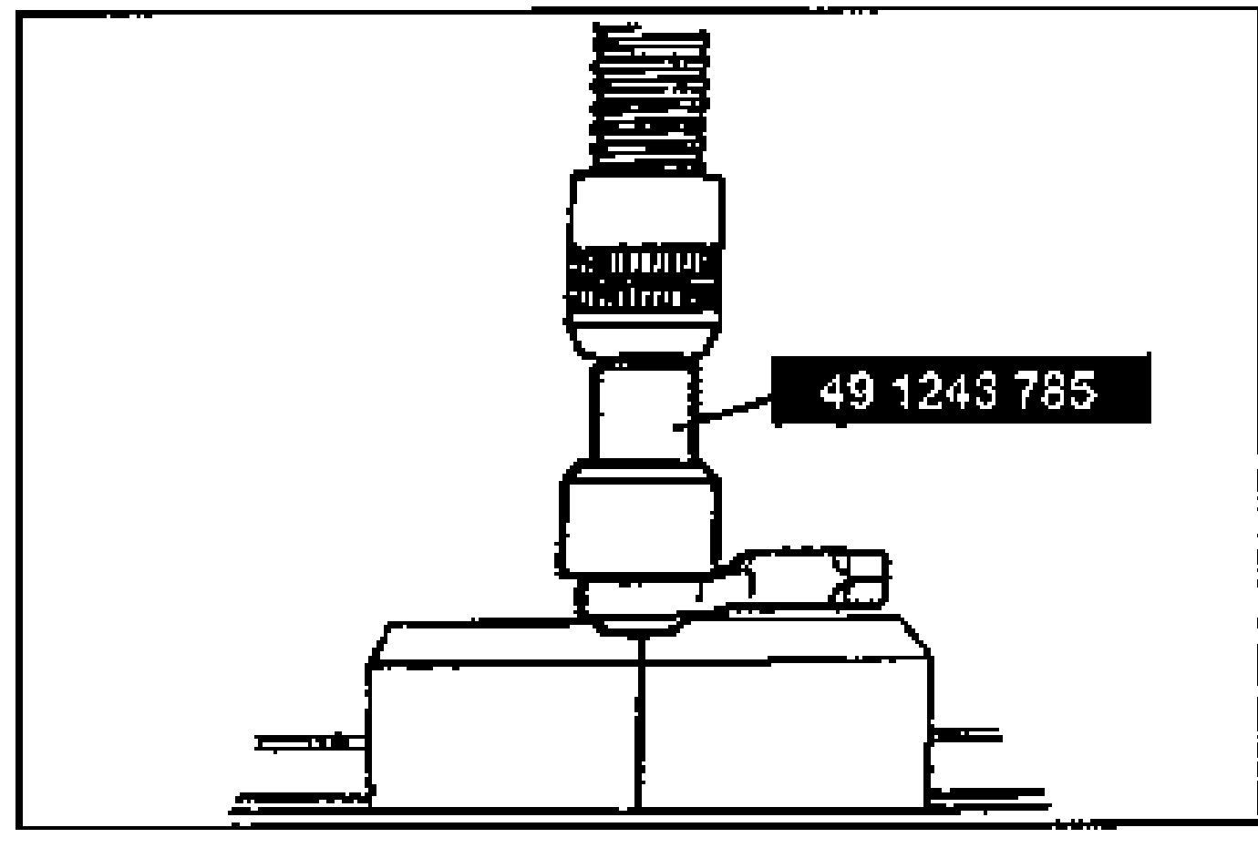Line drawing of the SST 49 1243 785 pressing a new dust boot onto the tie-rod end ball joint, which is set on a press base. The threaded ball-joint stud points upward.