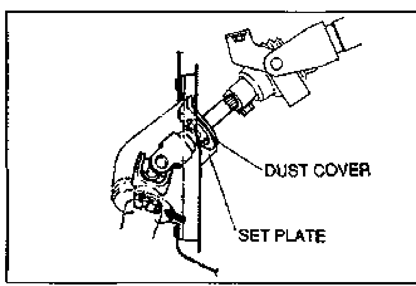 Line drawing of the intermediate shaft / pinion shaft universal joint area showing the DUST COVER and SET PLATE, illustrating attachment of the dust cover onto the set plate.