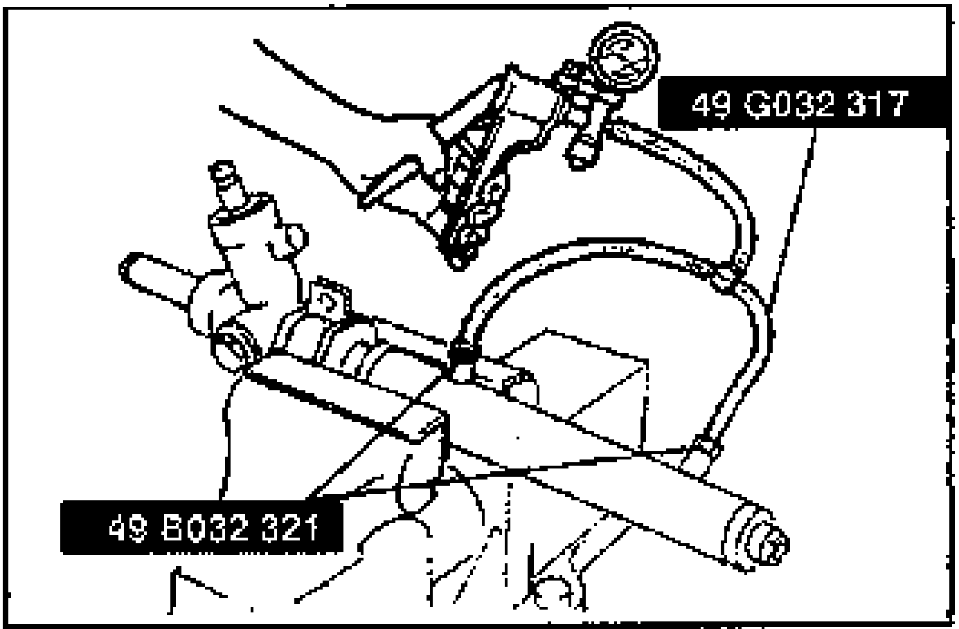 Cylinder air-tightness check with a vacuum pump and gauge connected via SSTs 49 G032 317 and 49 B032 321 to the cylinder part of the gear housing.