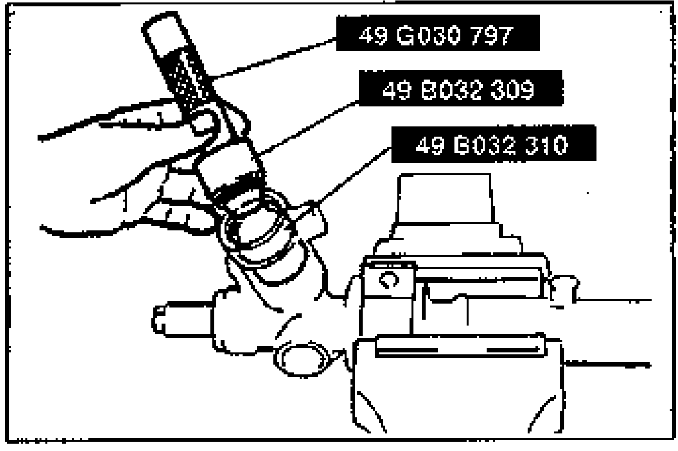Installing a new oil seal and bearing (Upper) to the gear housing using SSTs 49 G030 797, 49 B032 309 and 49 B032 310.
