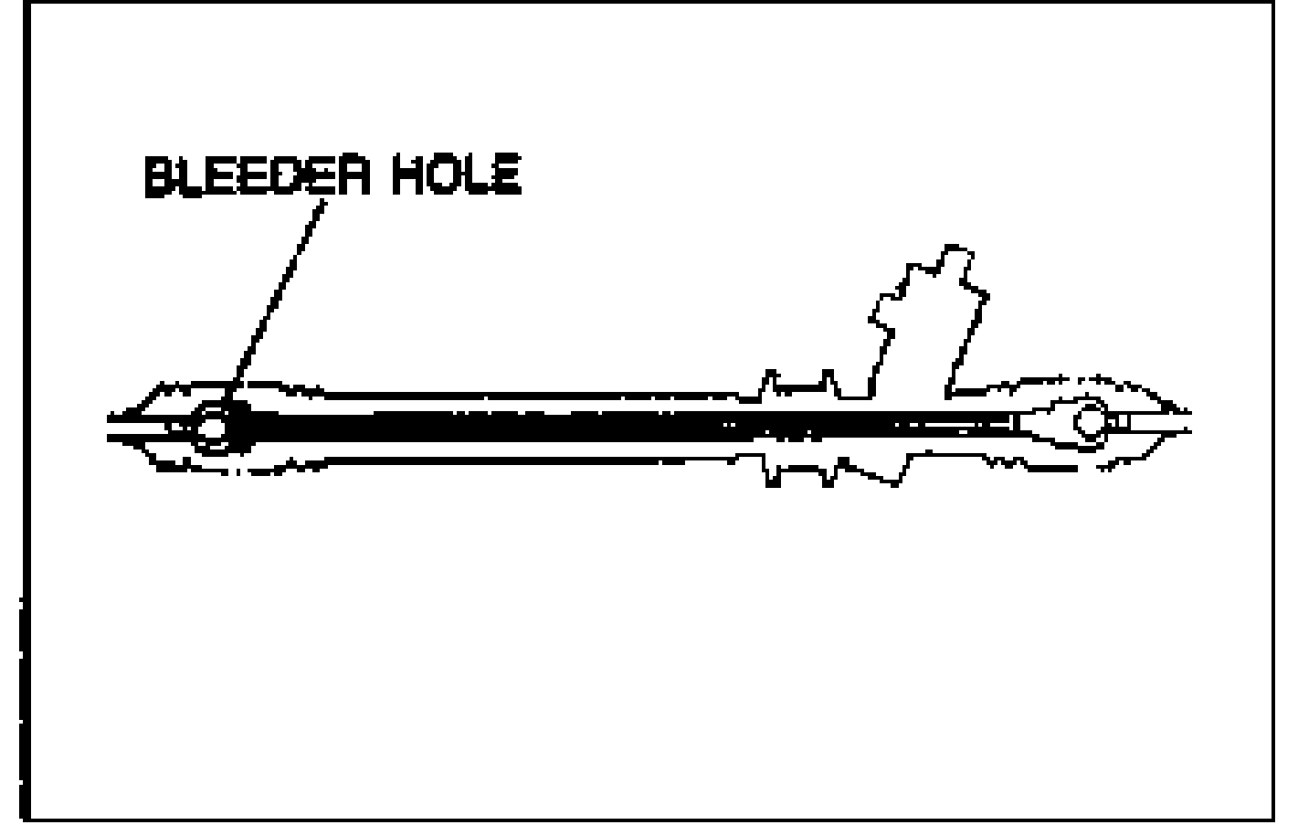 Diagram of the steering rack with the bleeder hole labeled, showing where the tie rod is installed at the rack housing side.