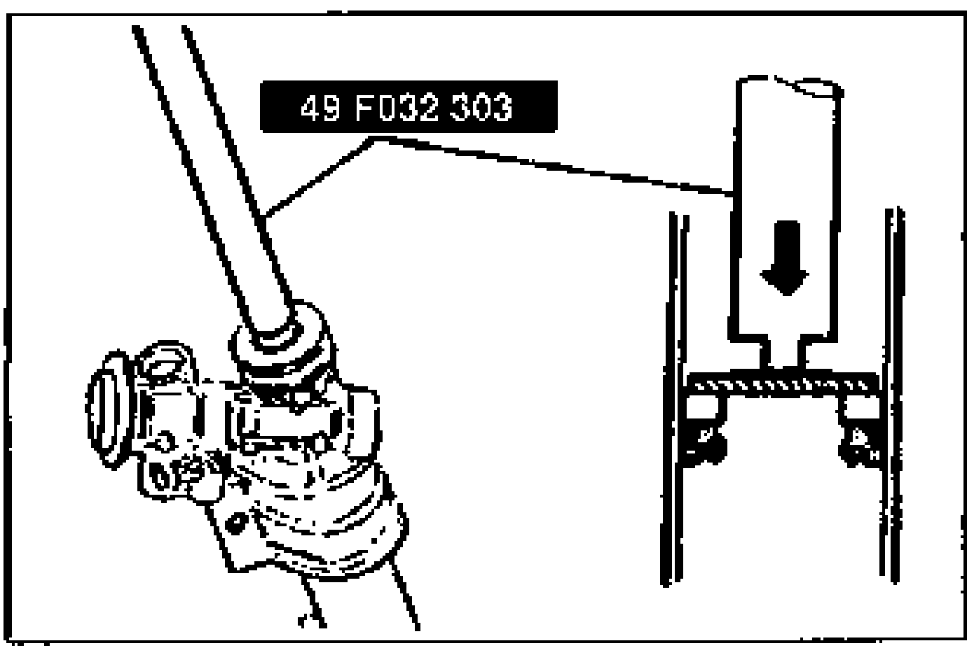 SST set against the SST inserted in step 1, with the gear housing secured in a vise to remove the spacer and oil seal. Downward arrow shows pressing direction.