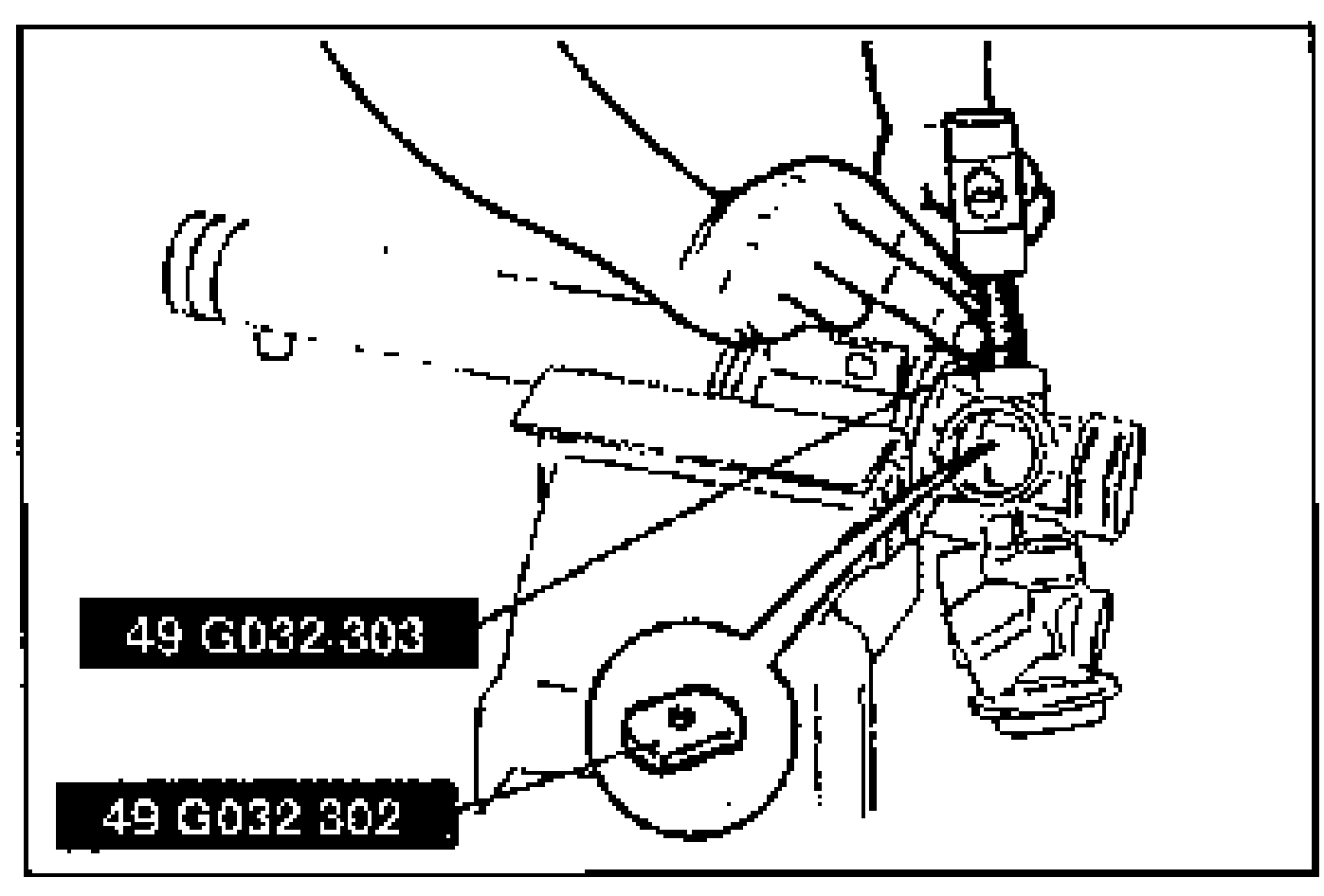 Line drawing of removing the needle bearing oil seal using two SST bars. Two black tool-number labels are visible on the figure: '49 G032 303' and '49 G032 302'. A hand holds the SST against the steering housing.