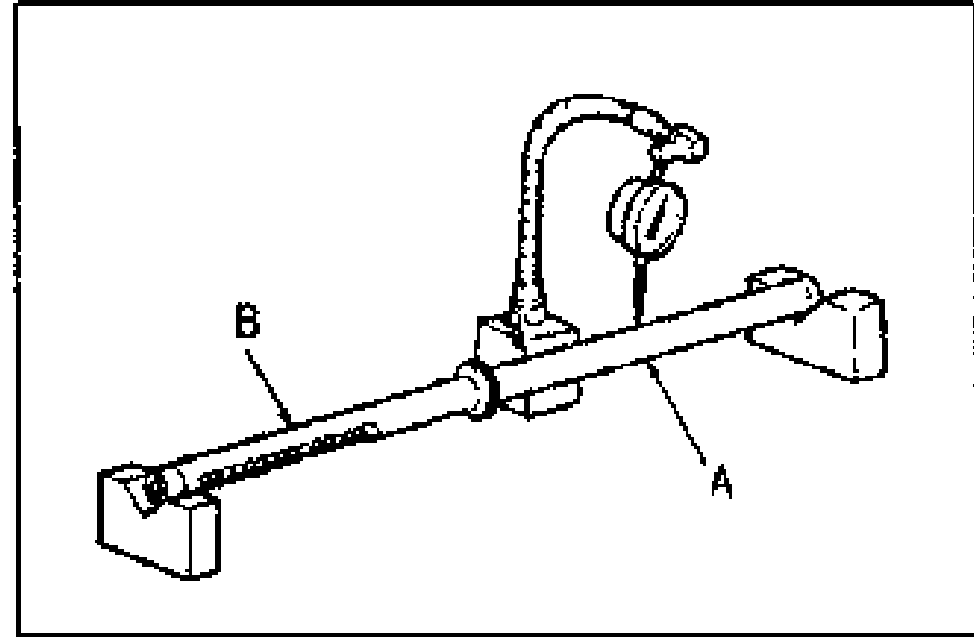 Line drawing of the steering rack supported on two V-blocks for runout measurement with a dial gauge. Callout A points to one measurement point near the right end, callout B points to a measurement point near the left end.