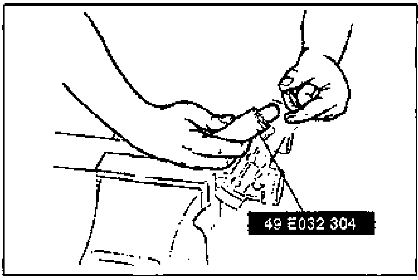 Line drawing of setting a new oil seal on the SST with a hand applying grease/ATF. Tool label '49 E032 304' is shown.
