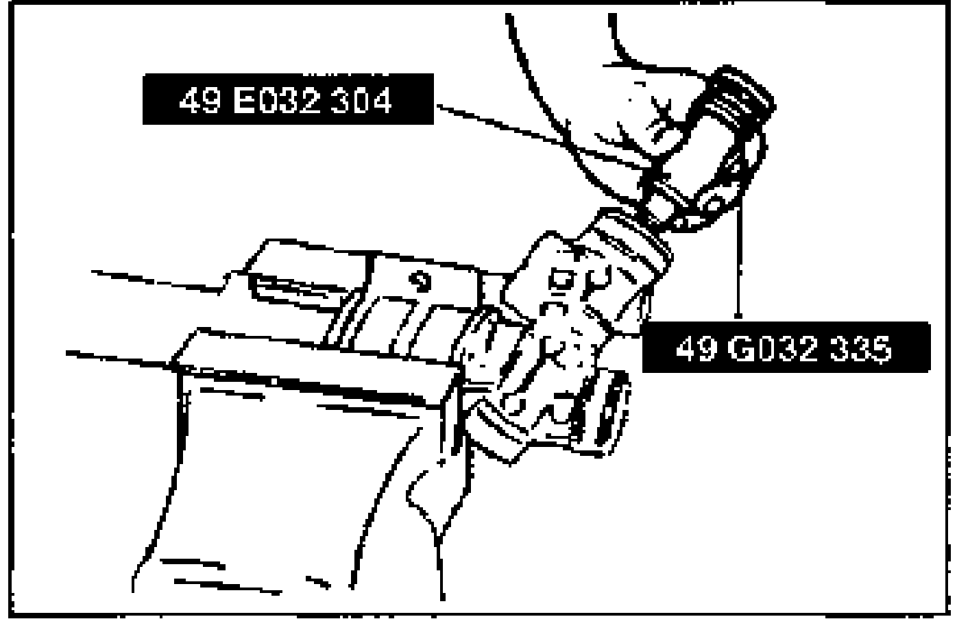 Line drawing of inserting the oil seal and SSTs into the housing. Two tool labels are shown: '49 E032 304' and '49 G032 335'.