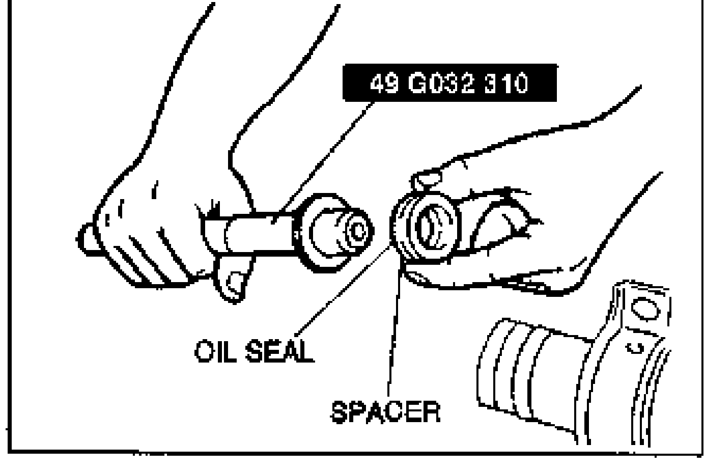 Line drawing of setting the spacer and oil seal on the SST. Tool label '49 G032 310' is shown; the parts OIL SEAL and SPACER are labelled.
