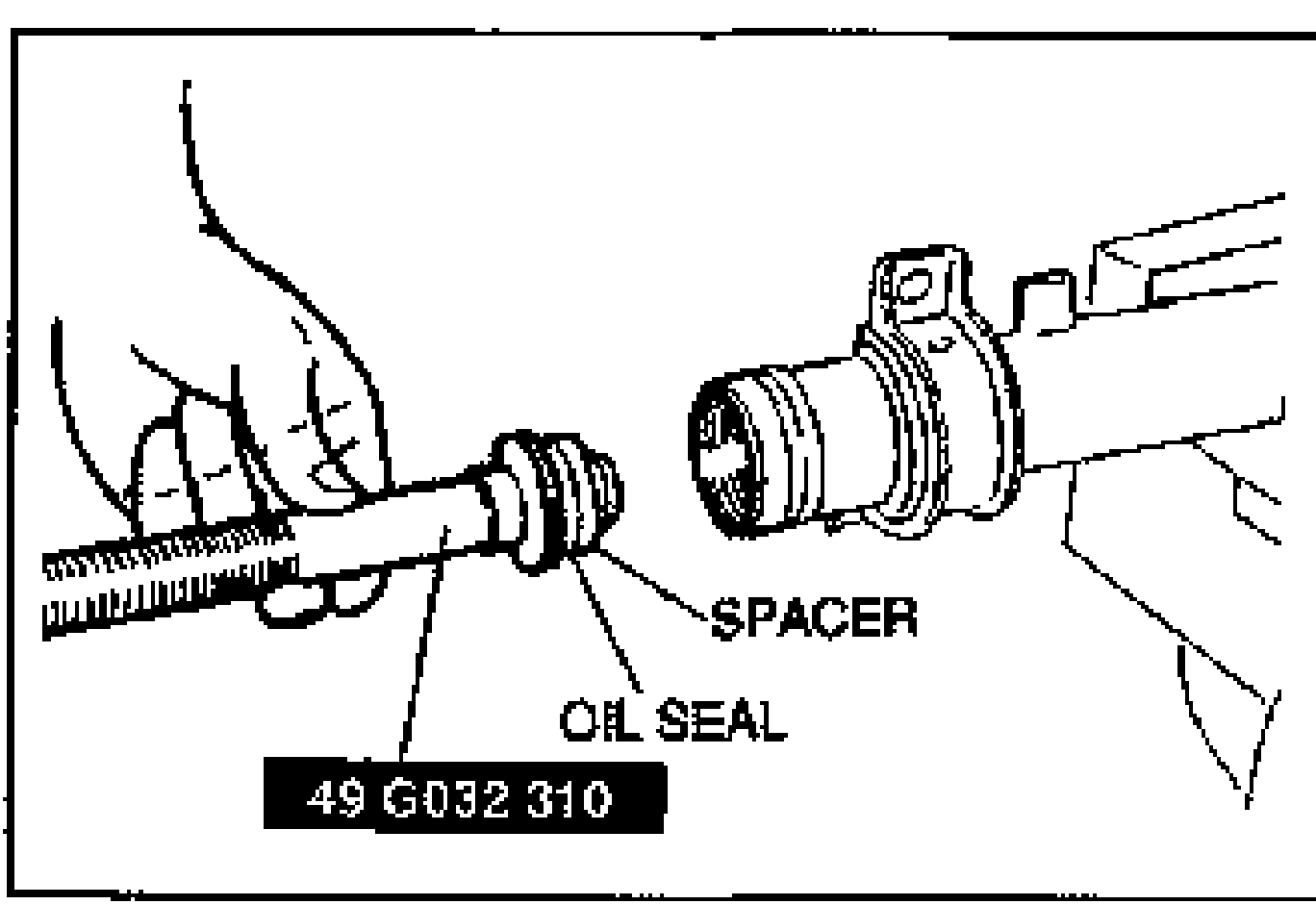Line drawing of inserting the SST from the tube side, with SPACER and OIL SEAL labelled and tool label '49 G032 310'.
