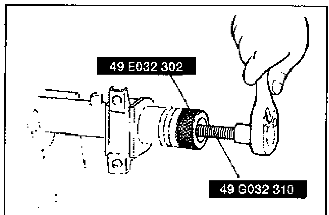 Line drawing of installing and tightening the SST nut against the tube and turning the SST shaft in to push the seal and spacer. Tool labels '49 E032 302' and '49 G032 310' are shown.
