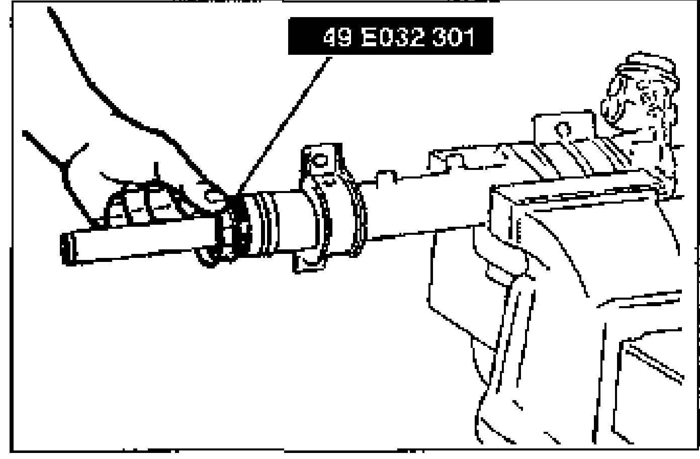 Line drawing of setting the SST on the rack and turning it to push the oil seal into the tube. Tool label '49 E032 301' is shown.