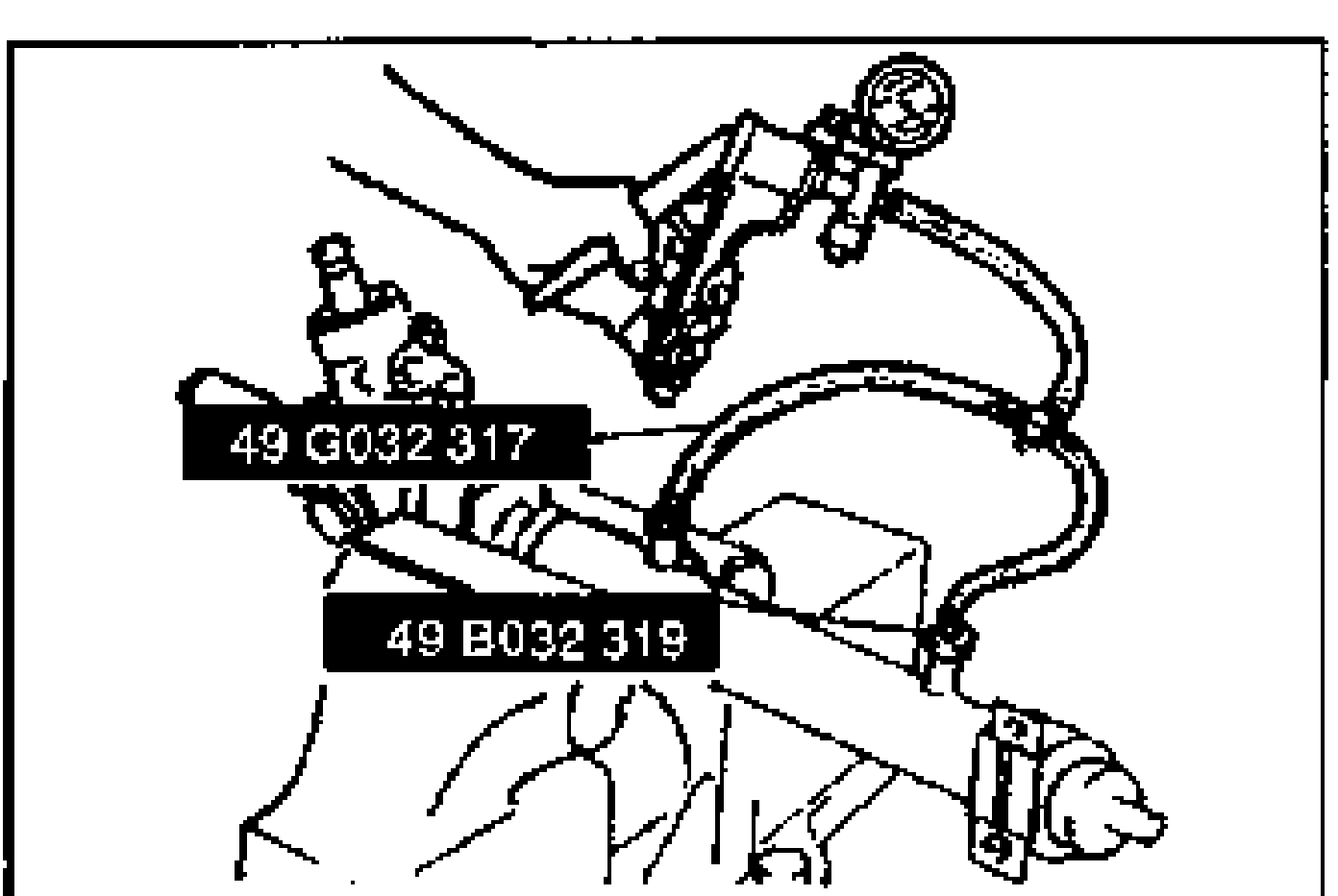 Line drawing of hermetic inspection setup: SSTs connected to the cylinder housing with a vacuum pump and gauge attached. Tool labels '49 G032 317' and '49 B032 319' are shown.