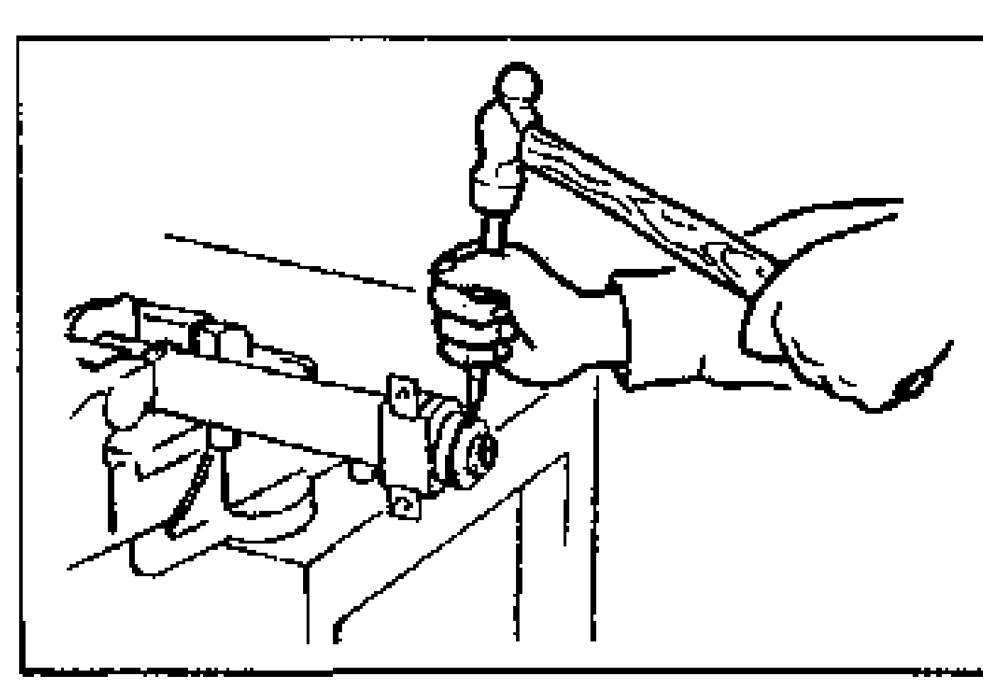 Line drawing of staking the rack housing with a punch and hammer at a point from the end, on the housing held in a vise.