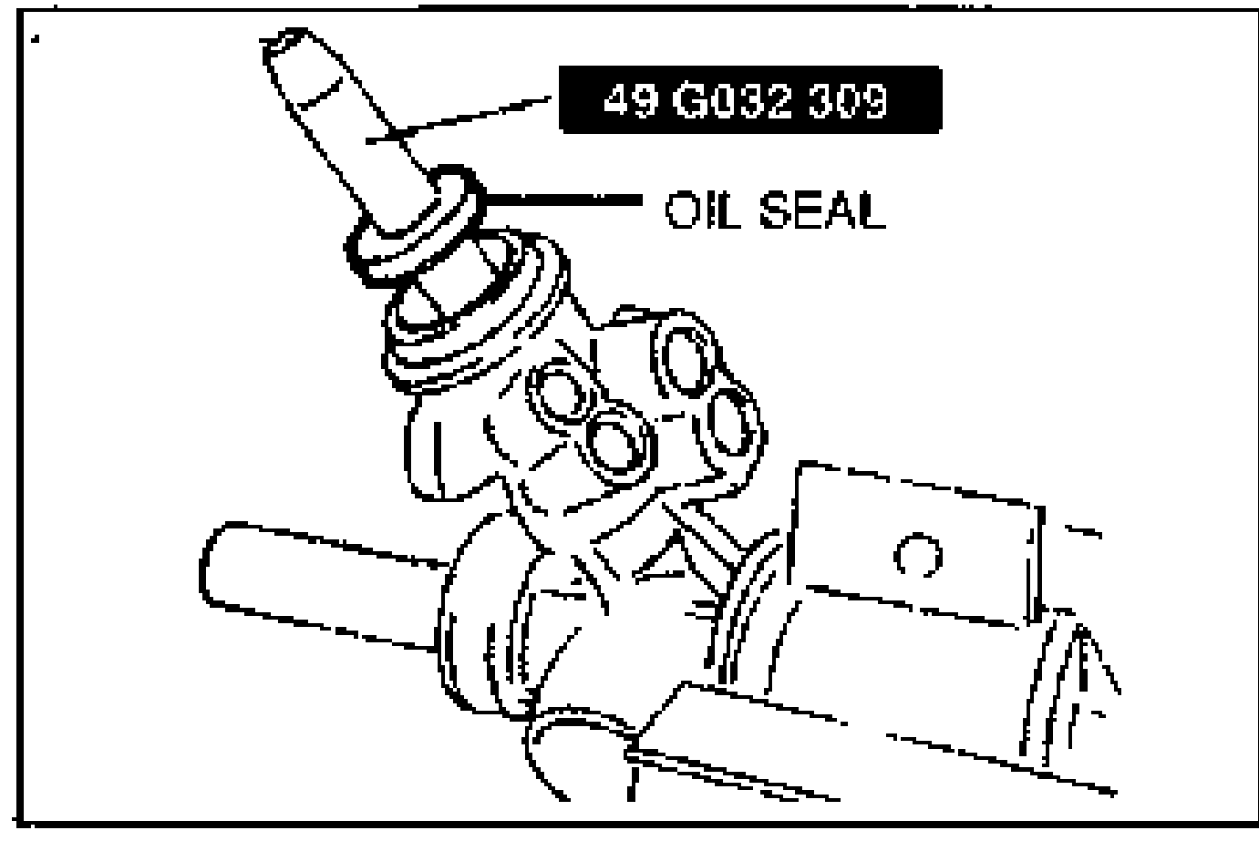 Line drawing of sliding the SST over the serrations of the pinion shaft and sliding the oil seal over the SST into the housing. Tool label '49 G032 309' and part label 'OIL SEAL' are shown.