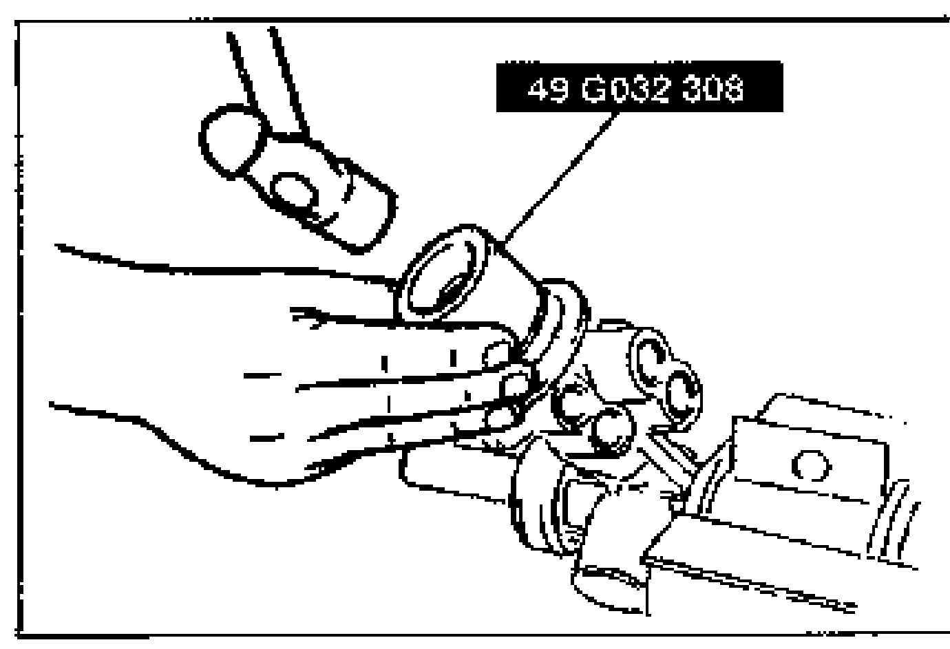 Line drawing of tapping the oil seal in with the SST until the snap ring installation groove in the housing is just visible. Tool label '49 G032 308' is shown.