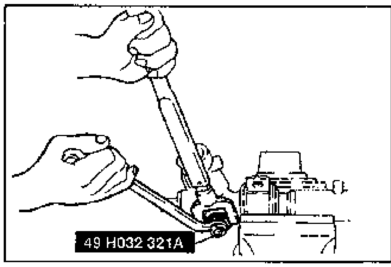 Line drawing of using the SST to tighten the locknut on the adjusting cover. Tool label '49 H032 321A' is shown.