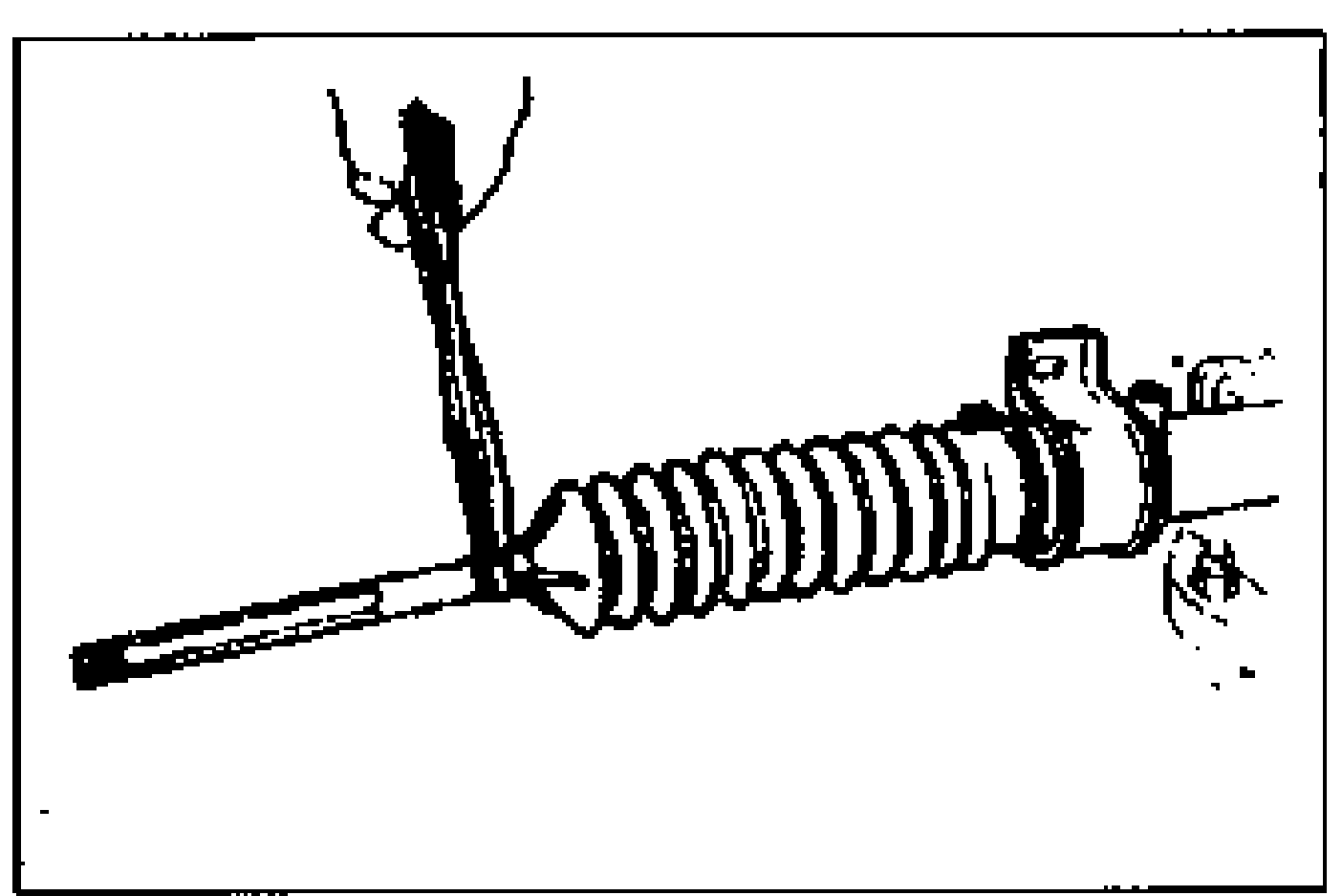 Line drawing of installing the boot on the steering rack and wrapping a new boot wire around the large end of the boot, twisting it and bending the twisted part toward the mounting bracket.