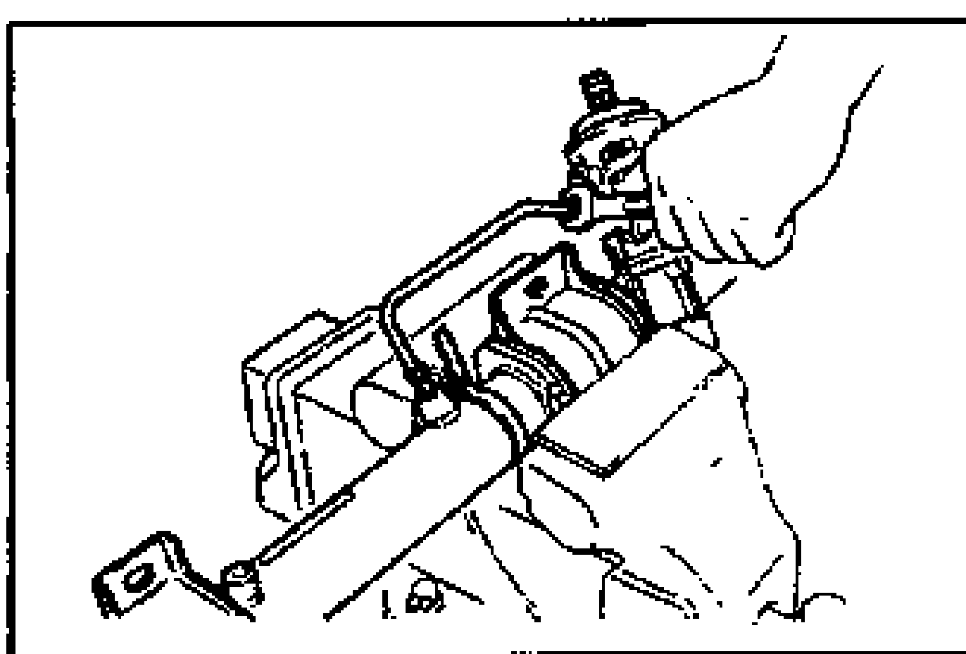 Line drawing of installing the oil pipes onto the mounting bracket secured in a vise with the oil pipe connections facing upward.