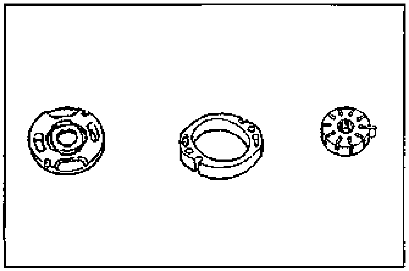Cam ring, rotor, vanes and side plate components laid out separately for inspection: side plate (left), cam ring (center), and rotor with vanes (right).