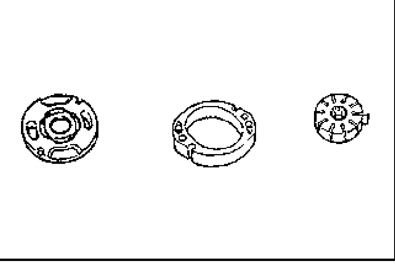 Cam ring, rotor, vanes and side plate laid out for inspection: side plate (left), cam ring (center), and rotor with vanes (right).