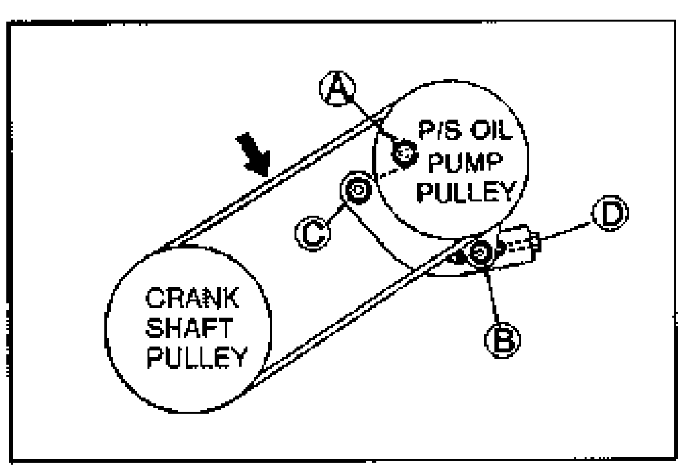 Replacement diagram: belt around CRANK SHAFT PULLEY and P/S OIL PUMP PULLEY with an arrow at the belt span and lettered callouts A (bolt), B (locknut), C (nut), D (adjusting bolt).