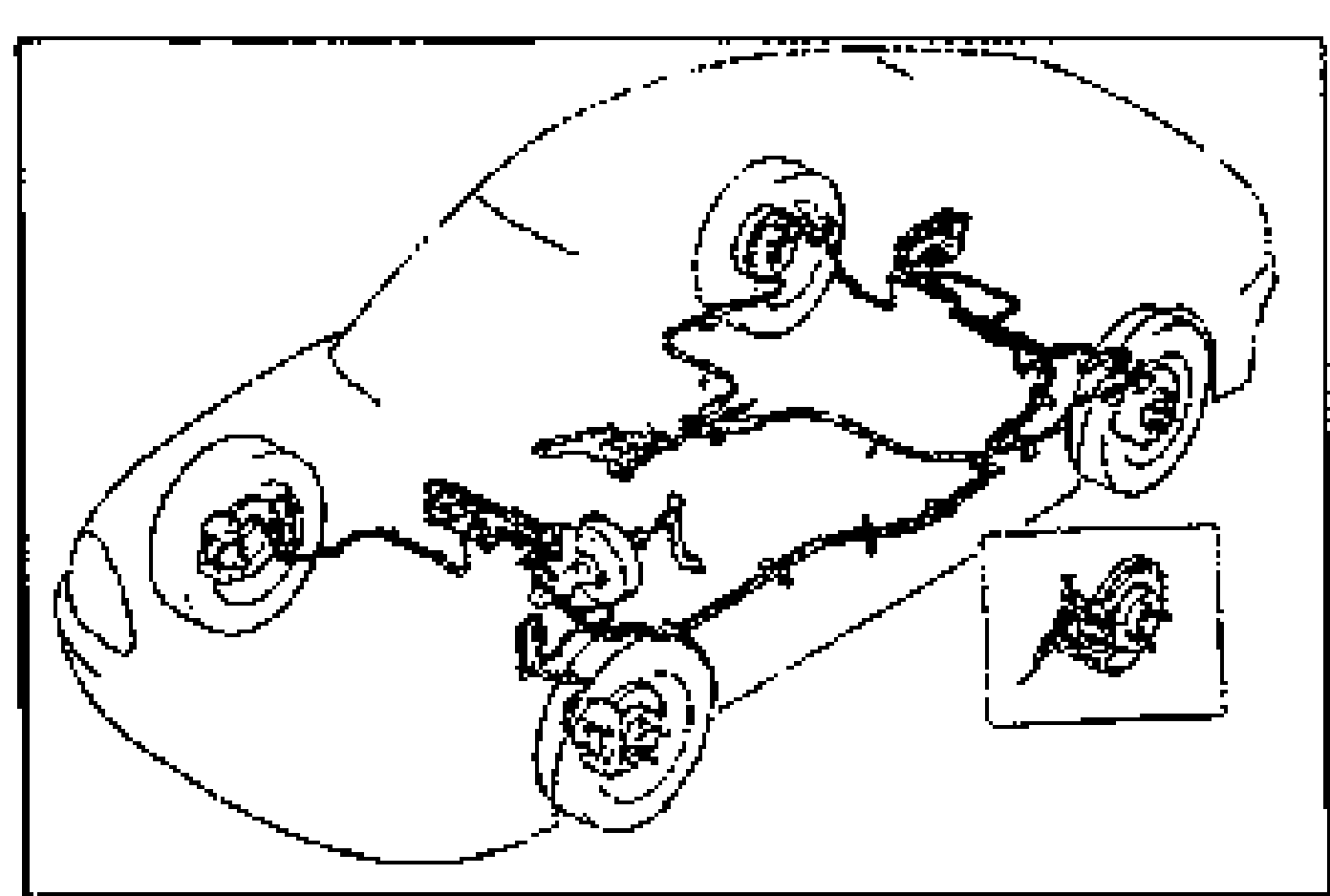 Cutaway perspective drawing of the MX-3 chassis showing the full brake hydraulic line and slave-cylinder layout at all four wheels, with an inset detail of a brake caliper at lower right. Illustrates the air-bleeding sequence for the four slave cylinders.