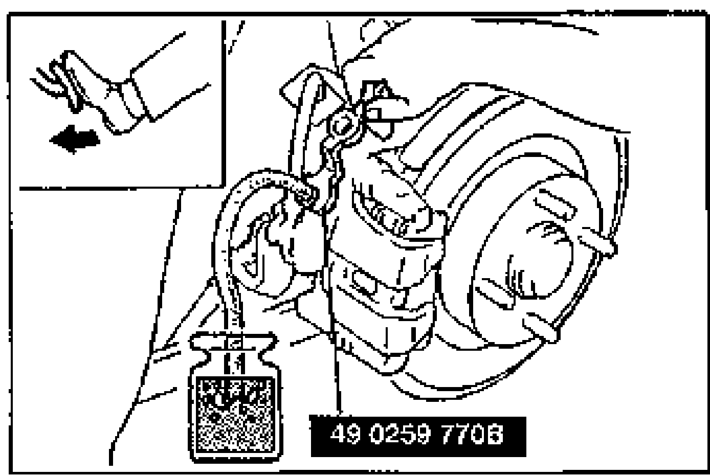 Hand using the SST flare-nut wrench (49 0259 770B) to loosen the bleeder screw at a front disc-brake caliper; an inset shows a bottle catching drained brake fluid. Arrow indicates the wrench-turning direction.