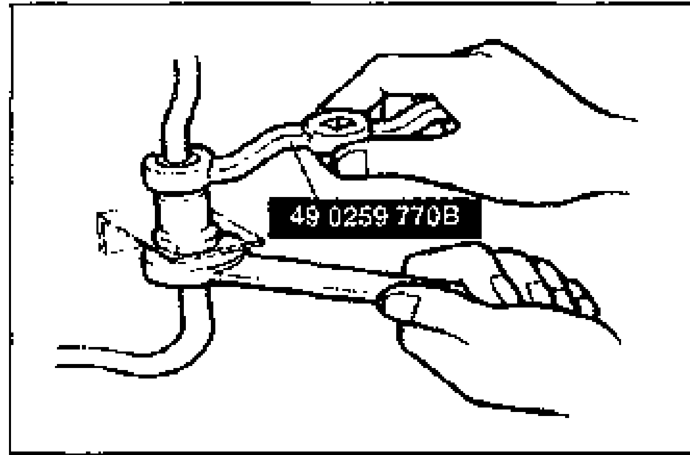 Hands using the SST flare-nut wrench (49 0259 770B) to tighten the flare nut connecting the flexible hose to the brake pipe.