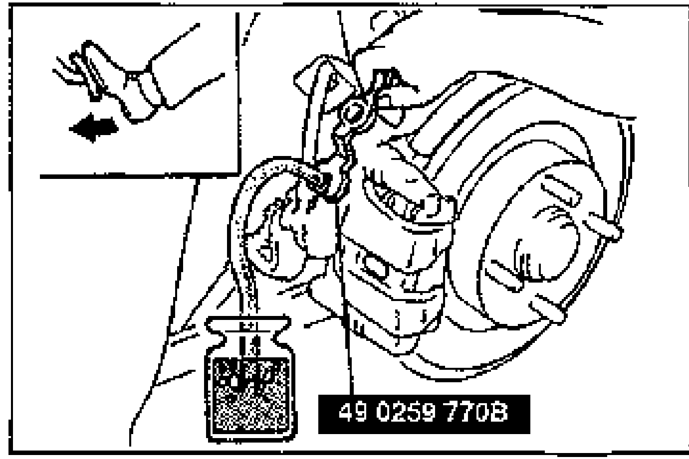 Hand using the SST flare-nut wrench (49 0259 770B) at a brake caliper bleeder, with an inset bottle catching expelled fluid, illustrating brake-fluid replacement by continued bleeding.