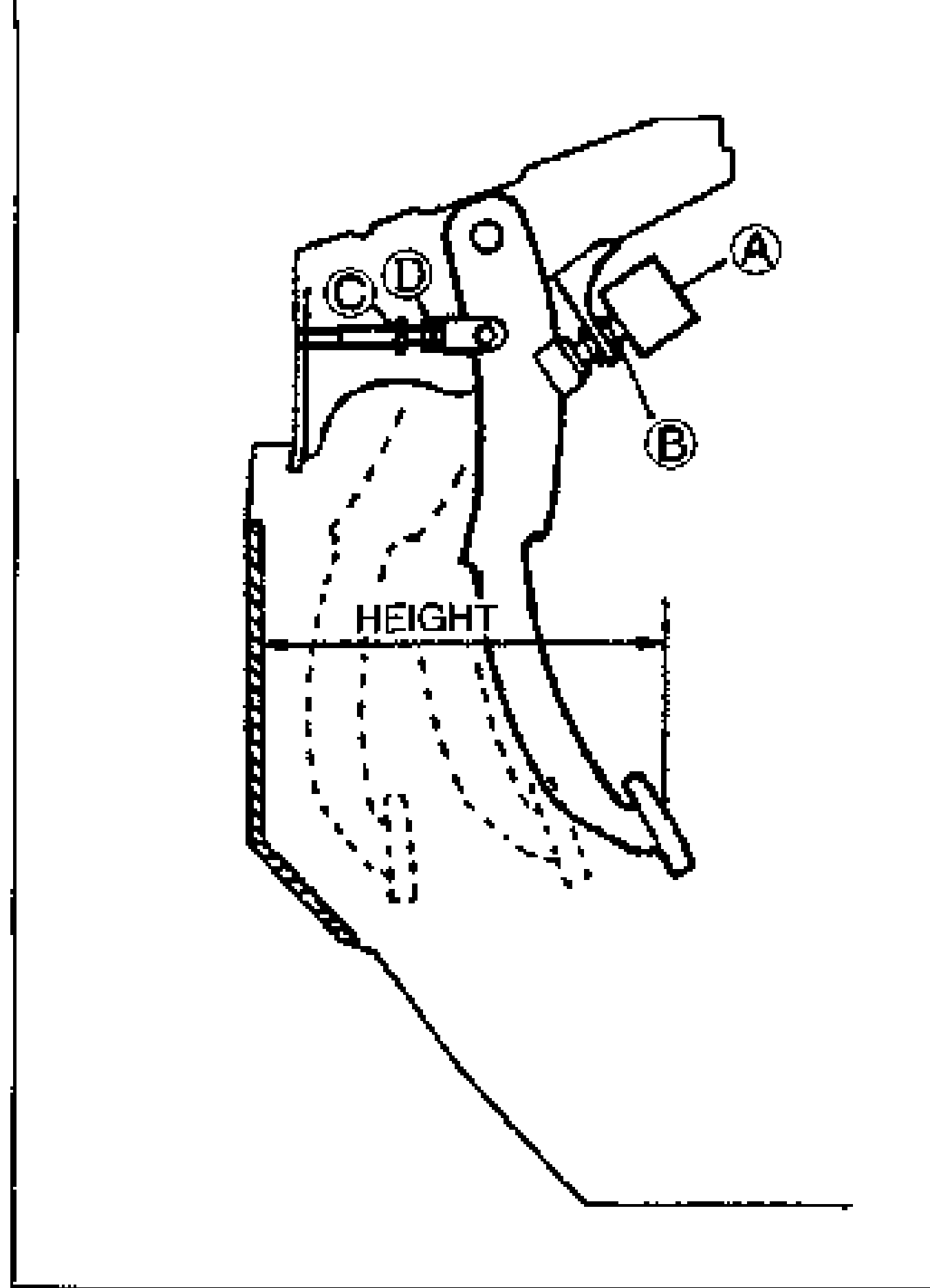 Side view of the brake pedal assembly with the HEIGHT dimension marked from the pedal pad to the floor. Callouts: (A) brake switch, (B) lower part of pedal pad / floor reference, (C) locknut, (D) push rod adjusting nut.