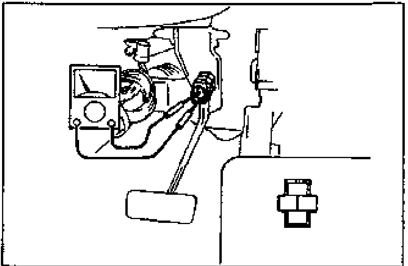 Brake switch inspection diagram showing an ohmmeter connected between the terminals of the brake switch mounted at the pedal bracket.