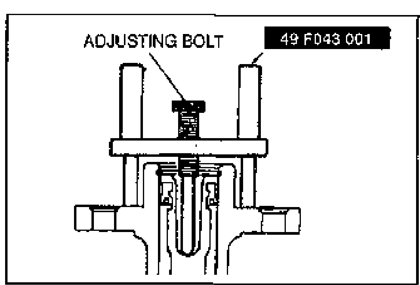 Installation Note diagram: SST (49 F043 001) placed atop the master cylinder with the adjusting bolt for checking piston-to-push-rod clearance.