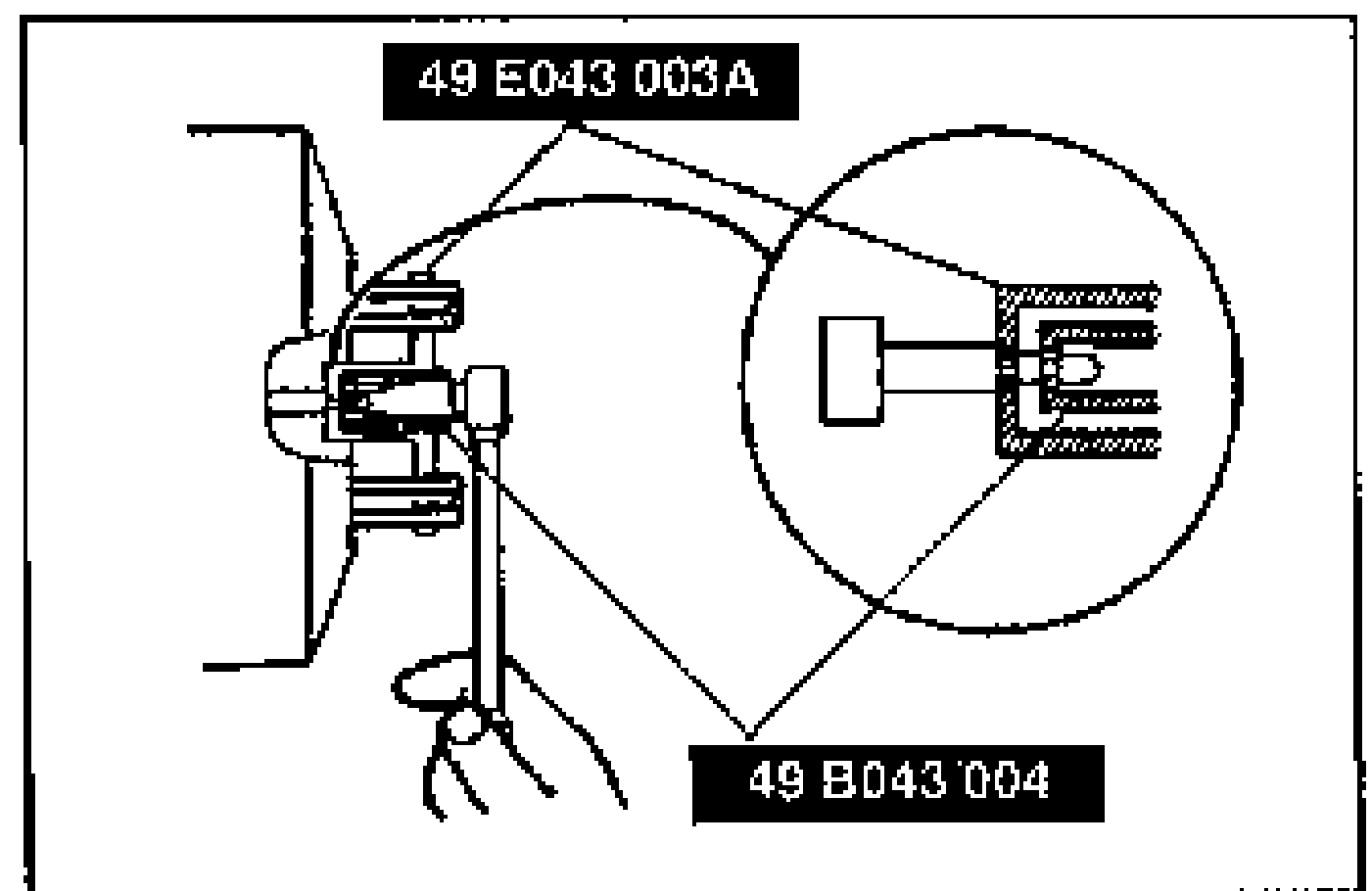 Detail of the power brake unit push rod with the adjustment gauge (SST 49 E043 003A) installed; an enlarged inset shows the gauge end measuring the clearance to the push rod end. Tools 49 E043 003A and 49 B043 004 are labeled.