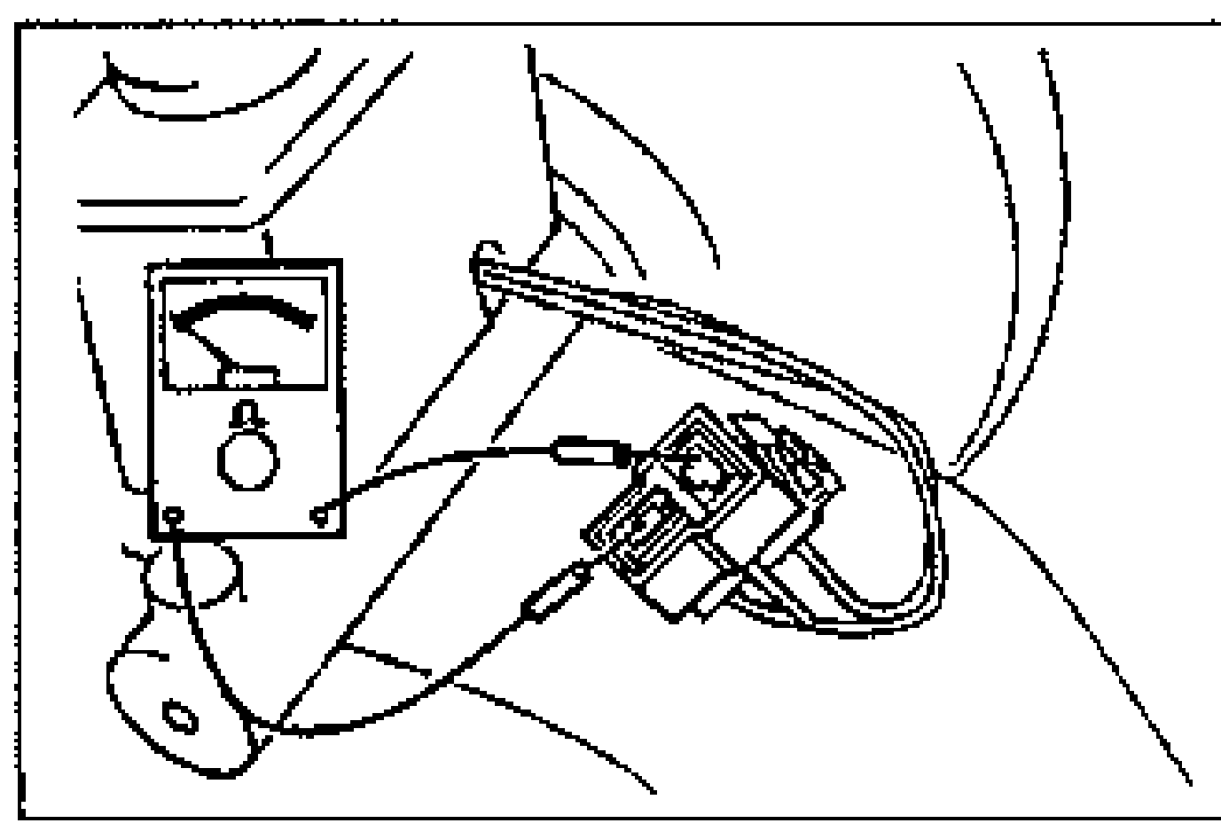 Fluid level sensor inspection: an ohmmeter (analog meter) is connected via leads to the brake fluid reservoir sensor connector for a continuity check.