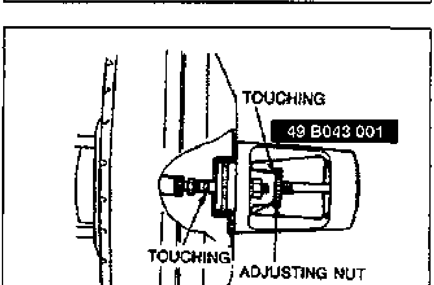 Detail of the SST gauge (49 B043 001) seated against the power brake unit push rod, labeling the TOUCHING contact points and the ADJUSTING NUT.