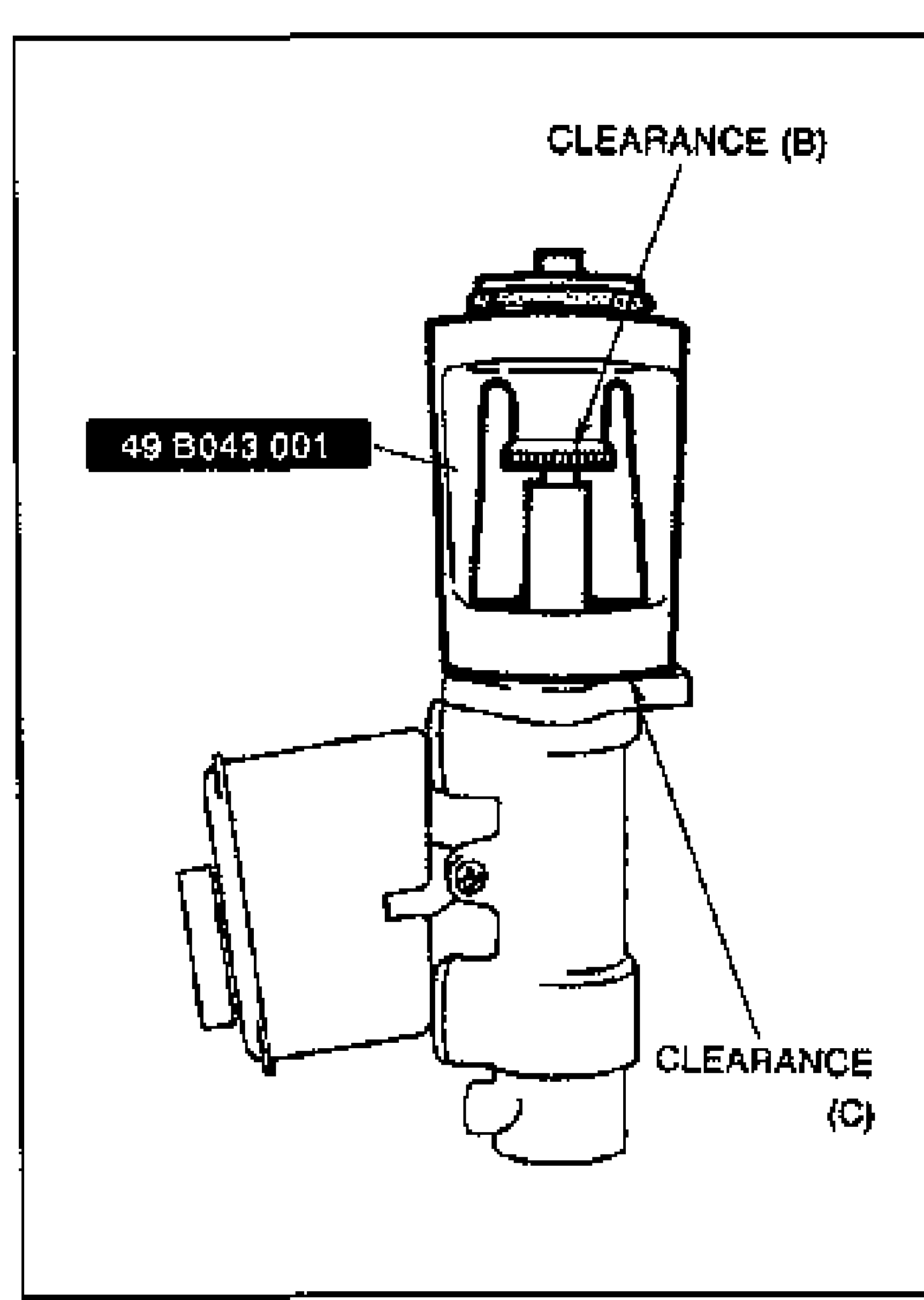 SST gauge (49 B043 001) set onto the master cylinder. Callout lines mark CLEARANCE (B) between the SST body and adjusting nut at the top, and CLEARANCE (C) between the body and the master cylinder at the bottom.