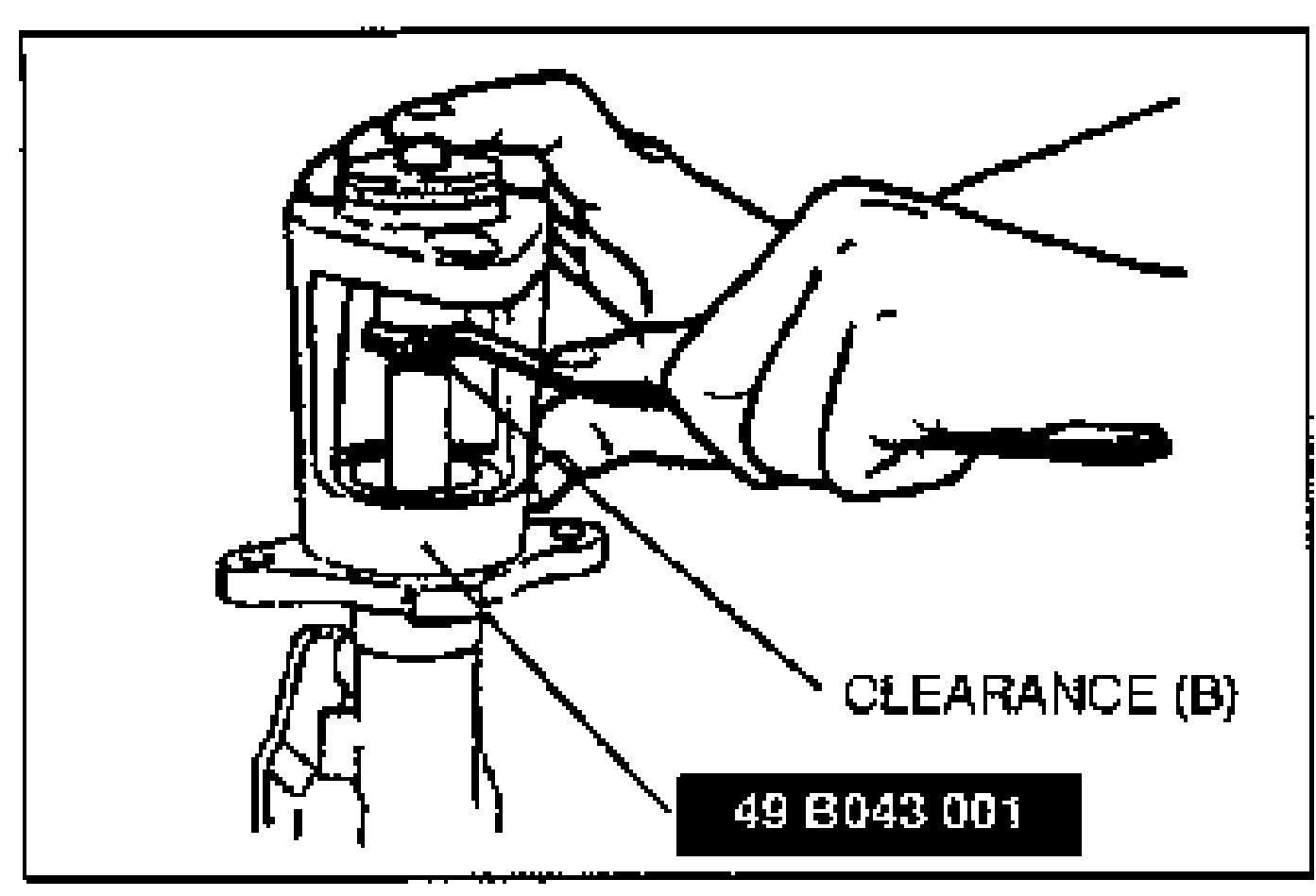 Hand using the SST (49 B043 001) on the master cylinder/power brake unit to measure CLEARANCE (B); a feeler-type tool is inserted at the adjusting-nut gap.
