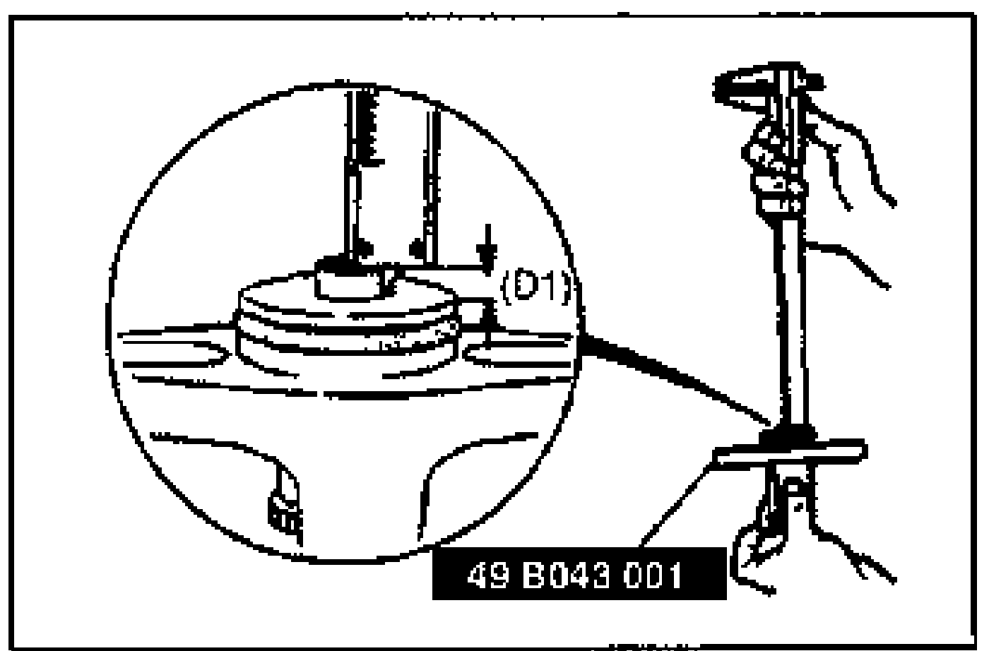Power brake unit with SSTs 49 E043 003A and 49 B043 004 attached; lower detail shows the gauge rod with an enlarged circular inset marking height (D1) and a measuring rule (49 B043 001).
