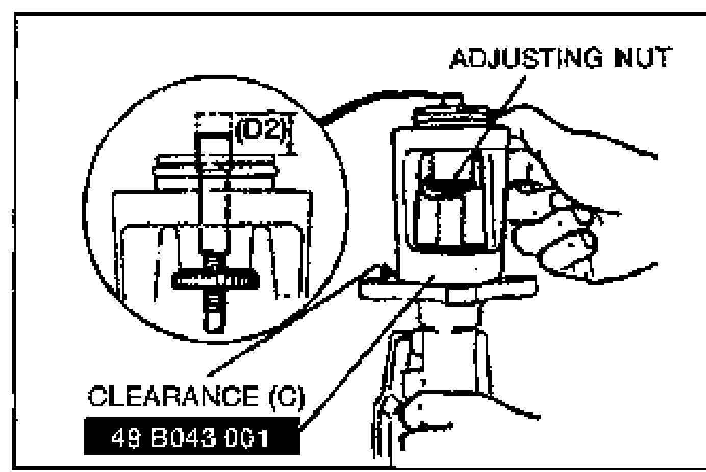Hand turning the ADJUSTING NUT of the SST (49 B043 001) seated on the master cylinder; an enlarged circular inset marks gauge rod height (D2) and CLEARANCE (C) is labeled at the body-to-cylinder gap.