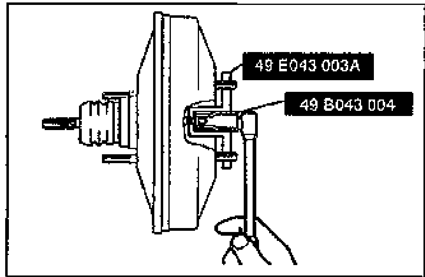 Power brake unit with SSTs 49 E043 003A and 49 B043 004 attached for the push rod adjustment.