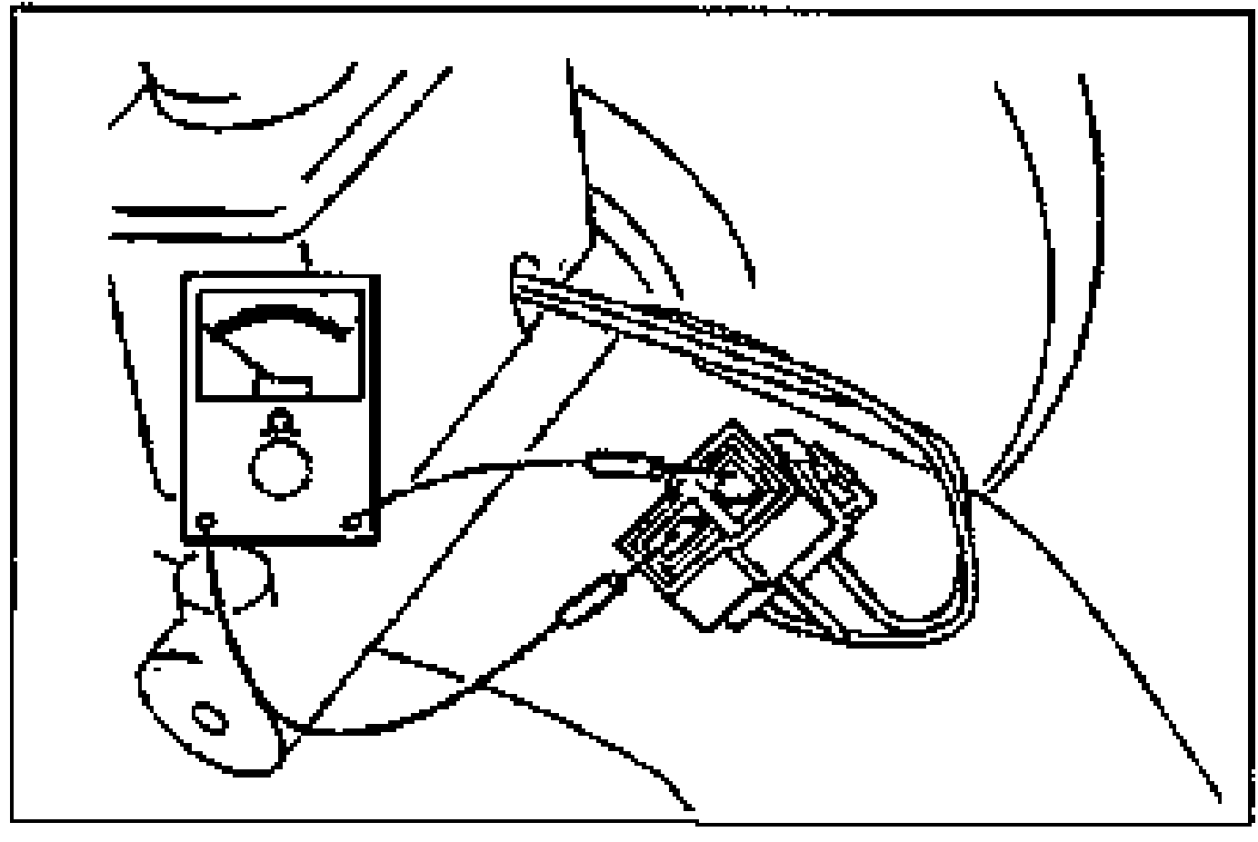 Fluid level sensor inspection: an analog ohmmeter is connected via leads to the brake fluid reservoir sensor connector for a continuity check.