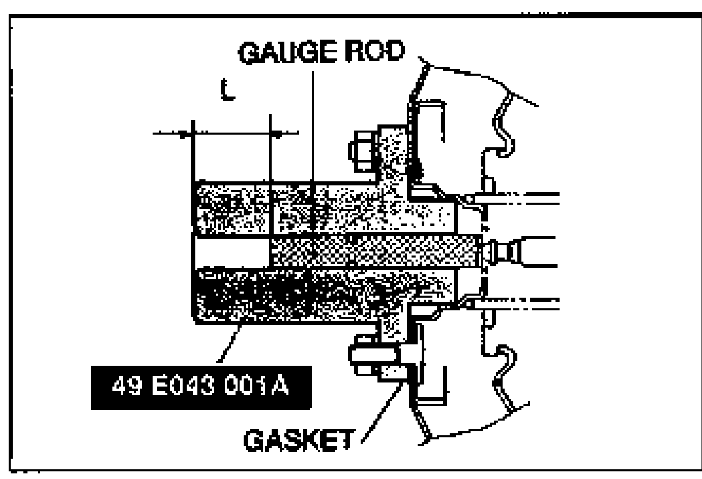 Sectioned detail of the SST gauge (49 E043 001A) installed on the power brake unit push rod, with the GAUGE ROD and depth dimension L marked at the top and the GASKET at the bottom.