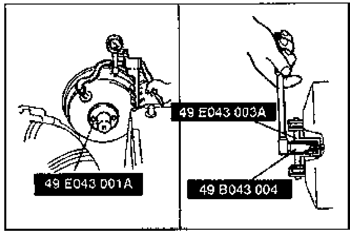 Power brake unit with SSTs 49 E043 001A, 49 E043 003A and 49 B043 004 attached for the push rod clearance adjustment; a hand turns the adjustment.